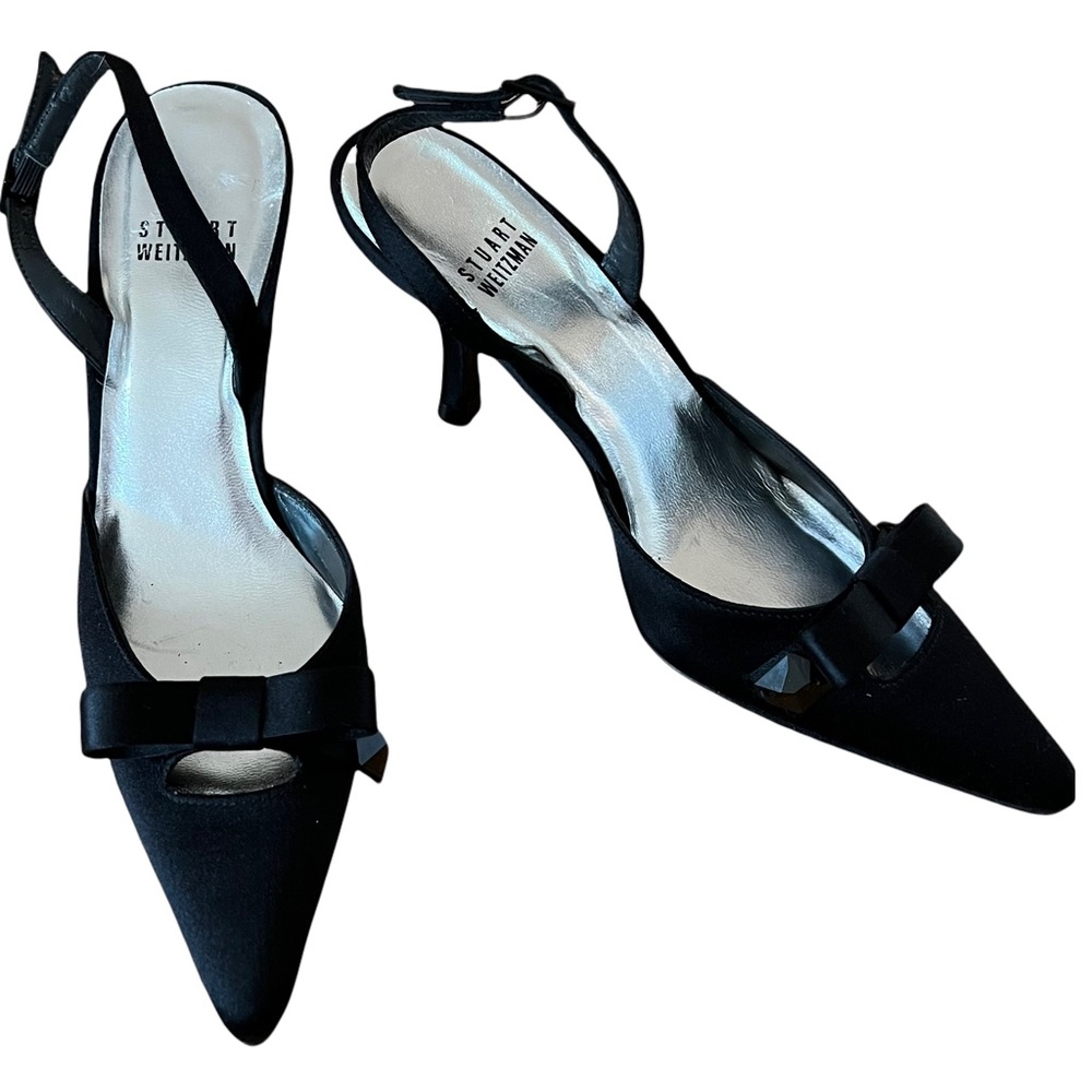 NEW Stuart Weitzman Heels Black Pointy Toe Slingback Kitten Heels with Satin Bow